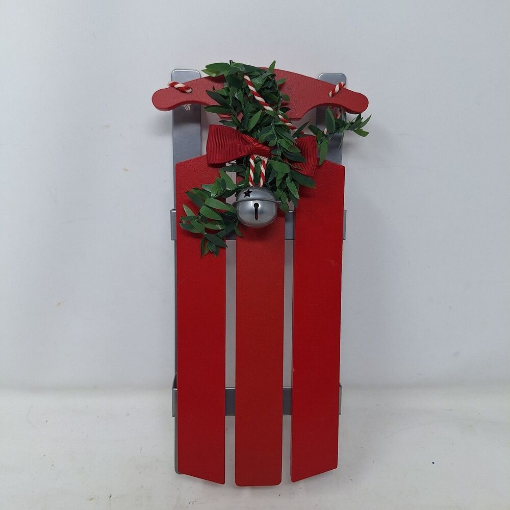 Christmas Sled Red Wood Holly Bell Wall Hanging Decoration Winter Holiday Decor